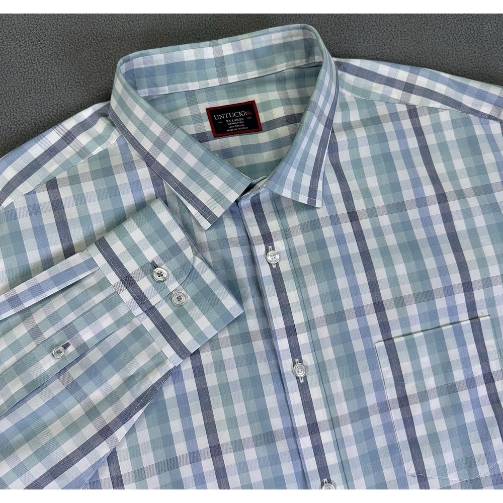 UNTUCKit Shirt Mens 2XL Blue Green‎ Pastel Castano Wrinkle Free Casual Office